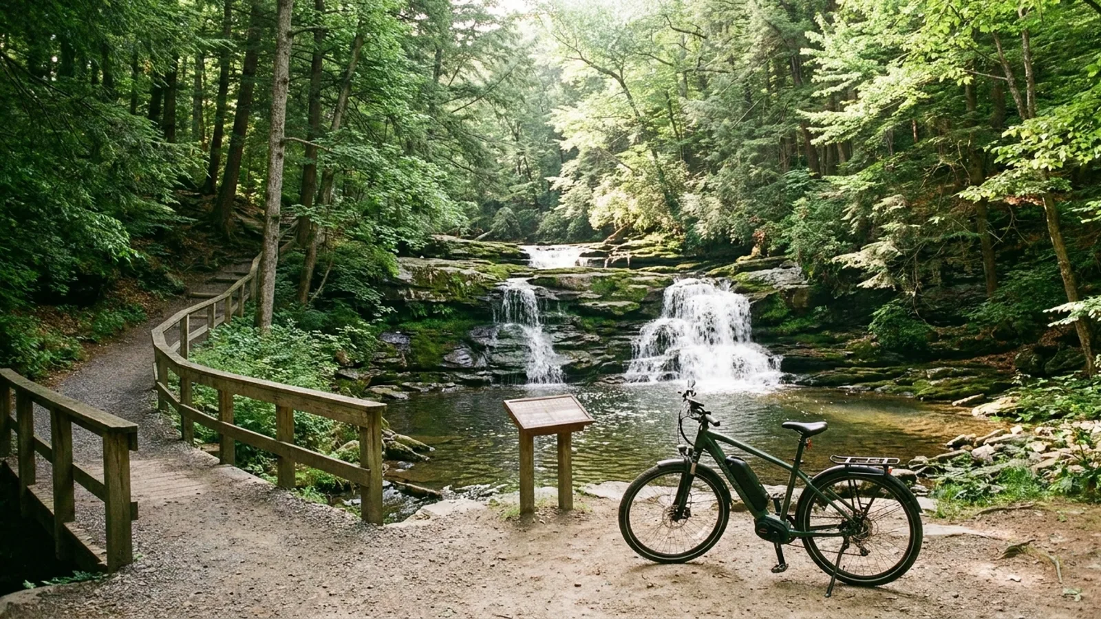 Electric bike at a trailhead below a cascading woodland waterfall stepping over mossy ledges in a Connecticut state park