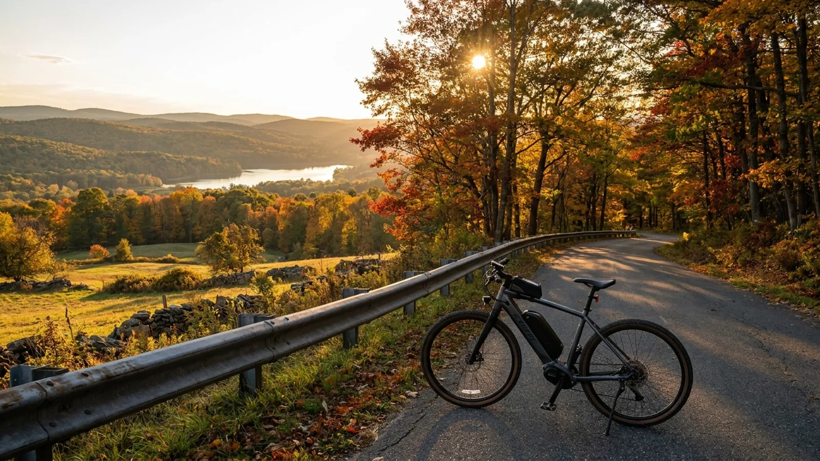 eBike at the roadside on a hilltop road with a long view over rolling forested hills and a valley lake in western Connecticut