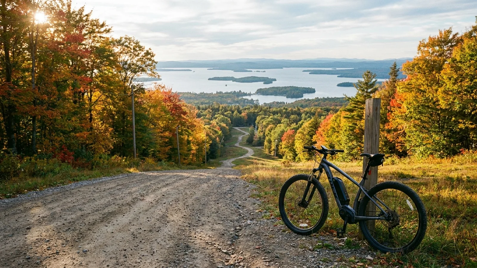 Electric bike on a wooded mountain access road looking out over a large lake full of islands with ski trails cut through the forest below