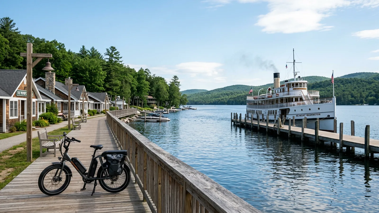Electric bike beside a lakeside resort boardwalk and pier with a white excursion steamship docked on a large New England lake