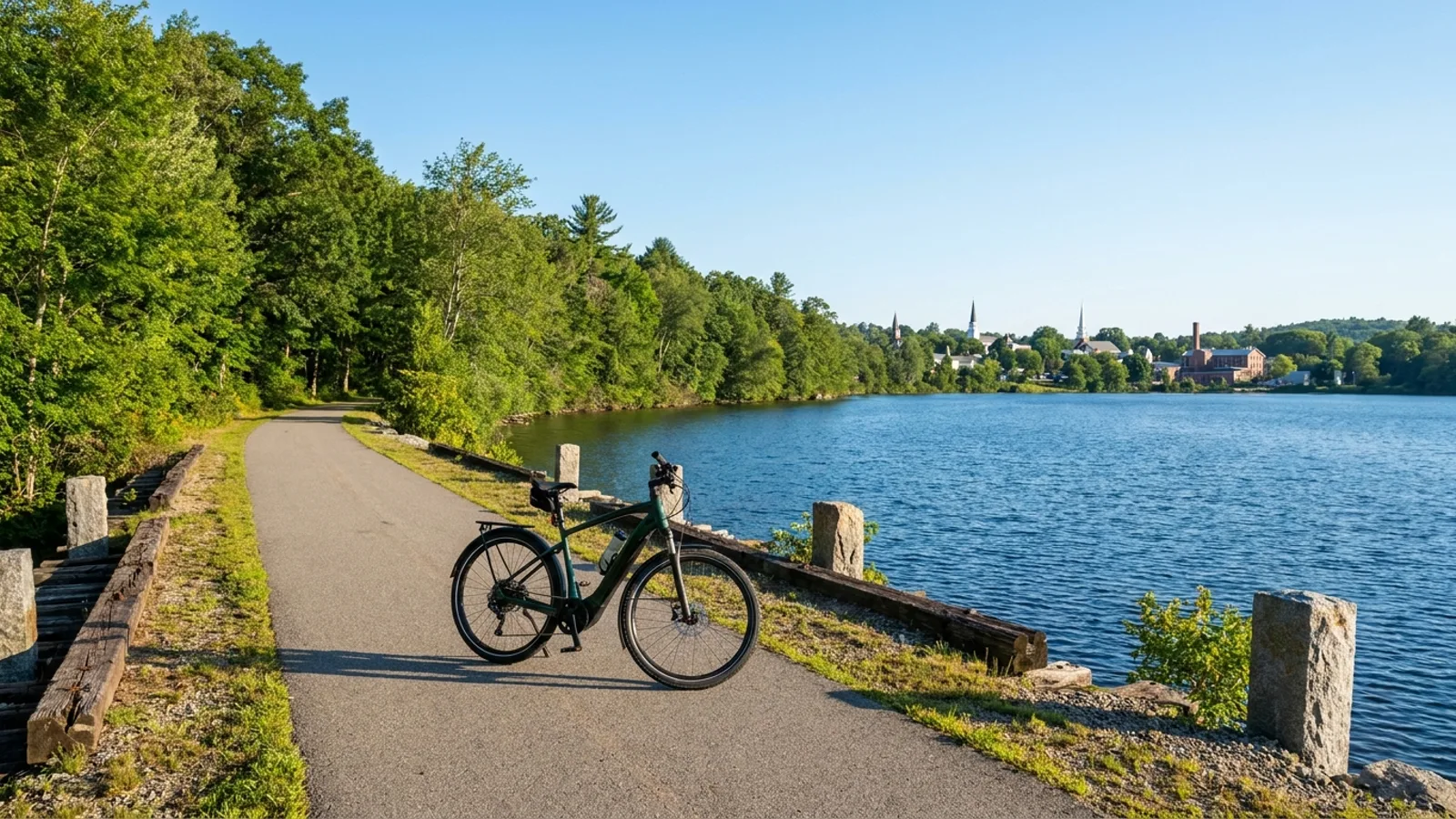 Electric bike on a paved rail-trail path beside a large lake in the New Hampshire Lakes Region