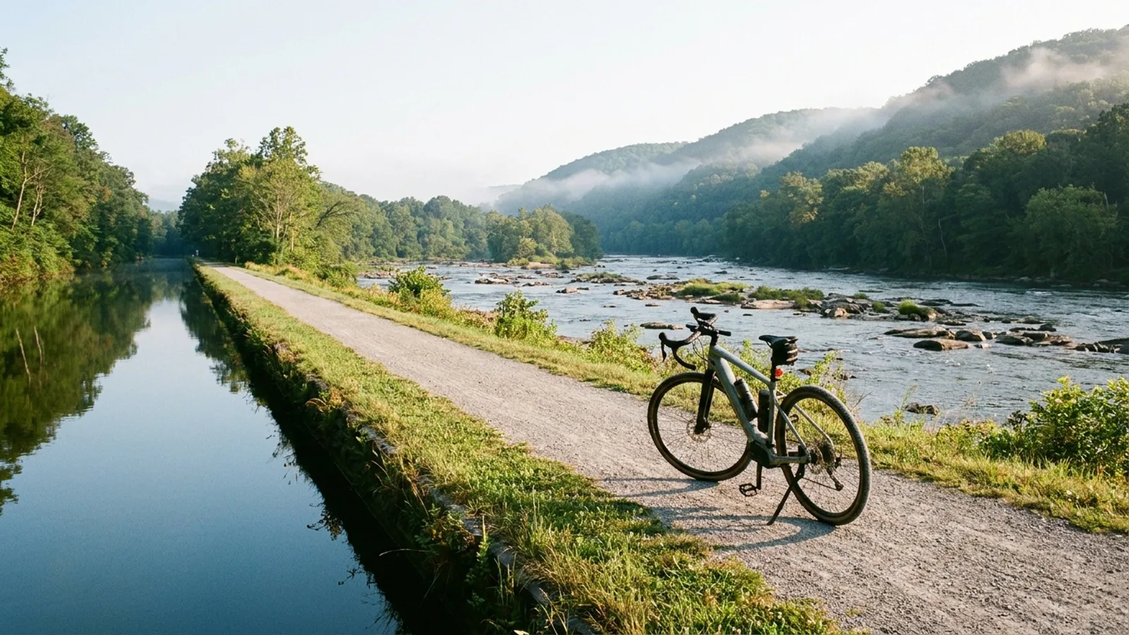 Electric bike on a crushed-stone towpath between a narrow canal and a wide rocky river with wooded hills beyond, in New Jersey