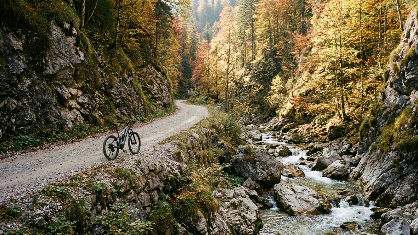Electric bike on a narrow unpaved gravel road cut into a steep rocky wooded gorge above a fast shallow trout river running over boulders