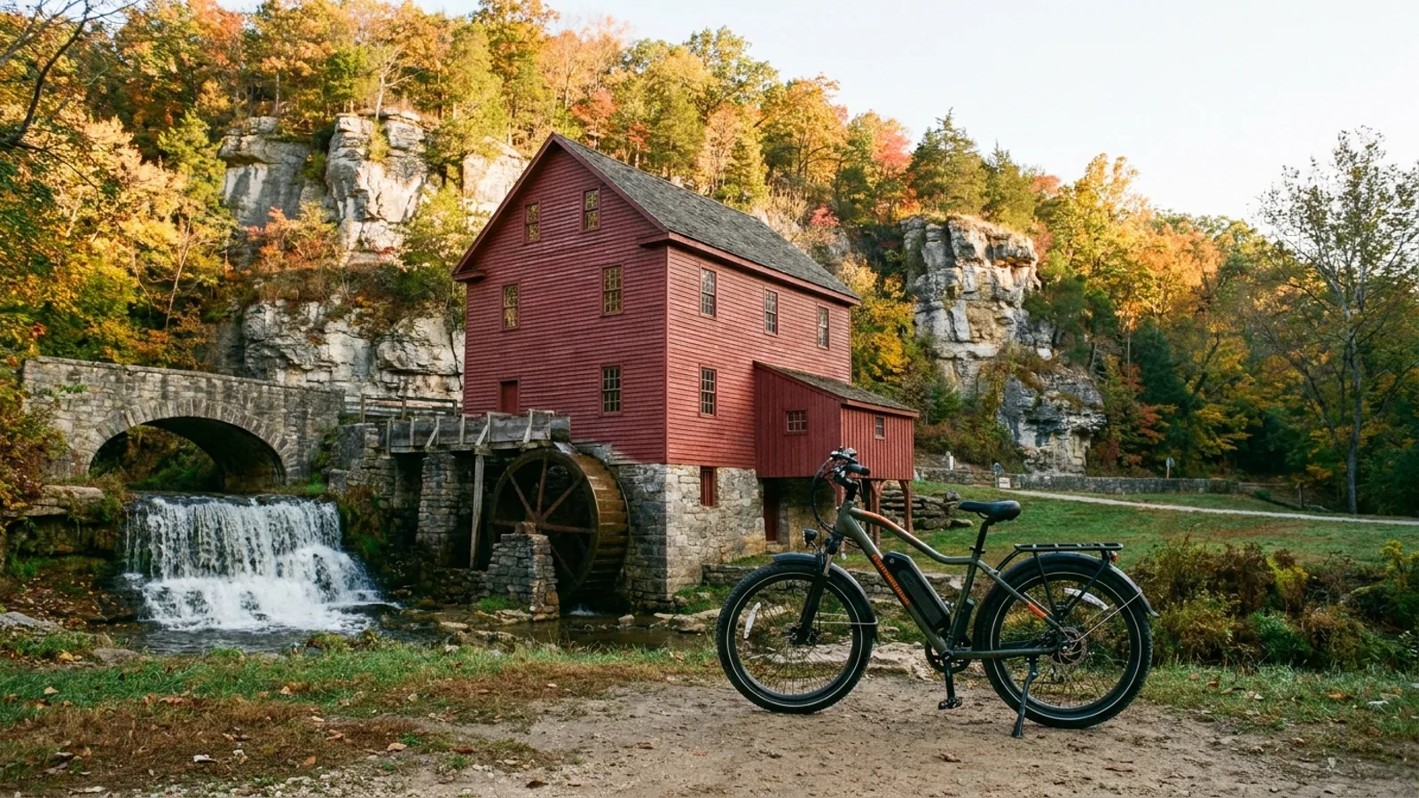 Electric bike on a path in front of a historic red-painted wooden grist mill with a water wheel beside a small waterfall and a stone arch bridge