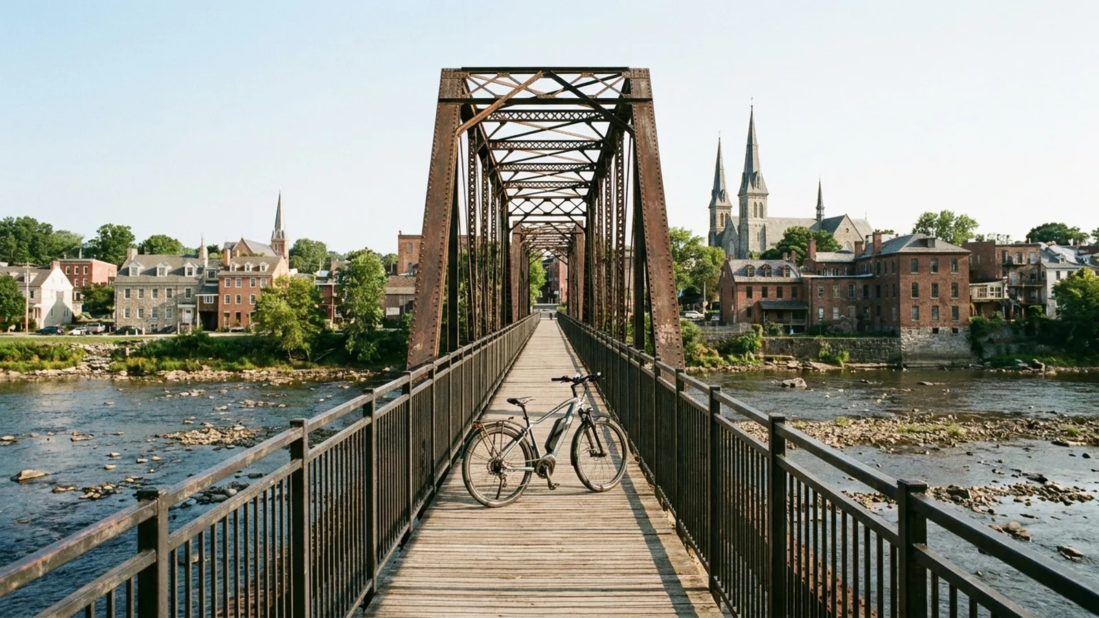 Electric bike standing on the pedestrian walkway of a narrow steel truss bridge crossing a wide shallow river toward a small historic river town
