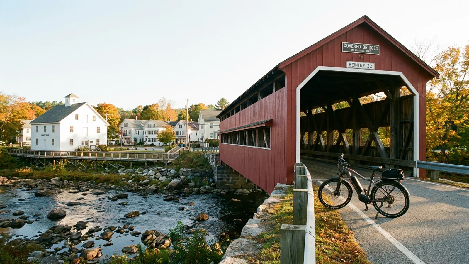 Electric bike at the approach to a red-painted wooden covered bridge crossing a shallow rocky river beside an old white grist mill and a boardwalk riverwalk