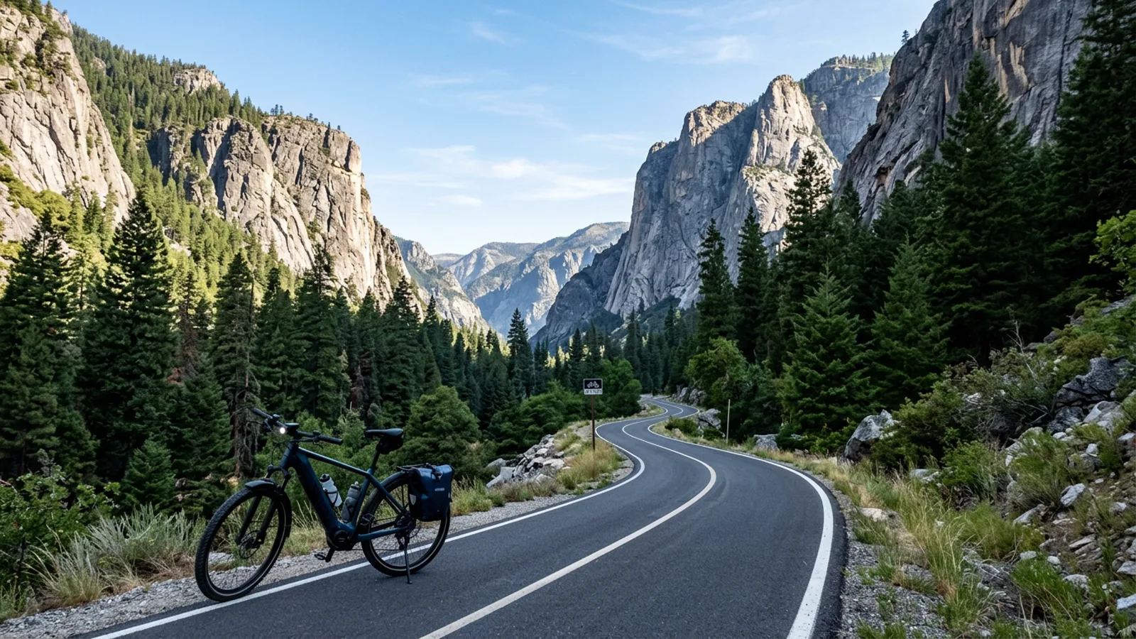 Electric bike on a smooth paved bike path curving through a dramatic mountain notch with granite cliffs and conifer forest in New Hampshire