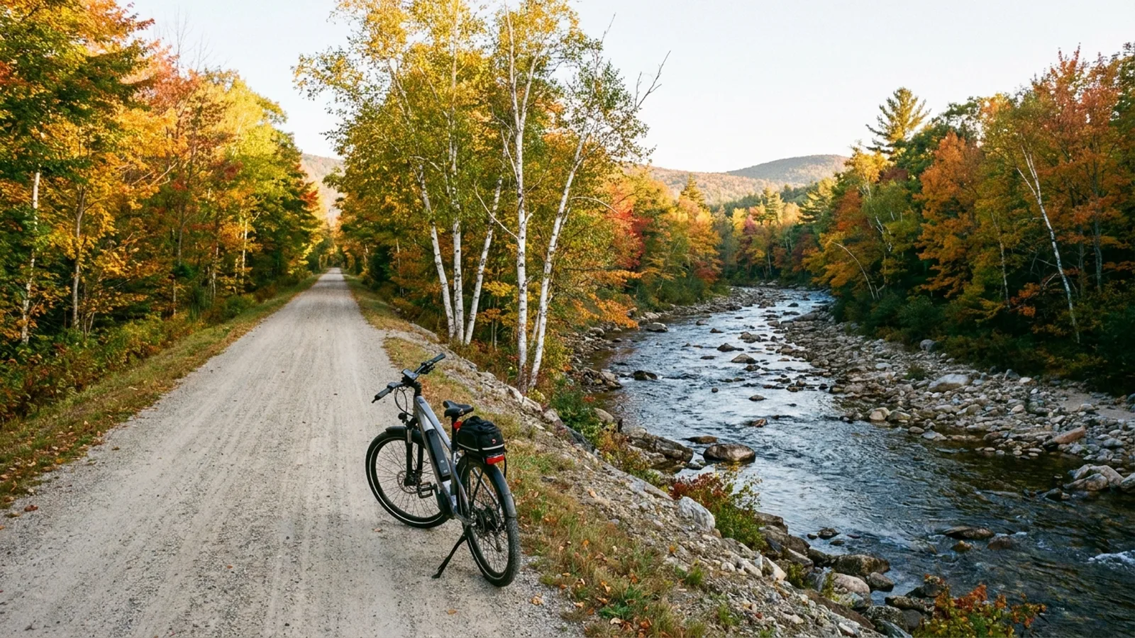 Electric bike parked on a long straight stone-dust rail-trail running beside a clear rocky river through forested New England hills