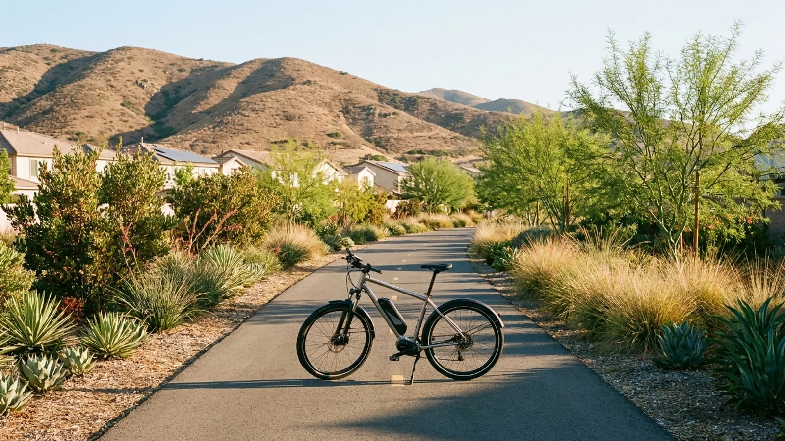 Electric bike on a paved paseo path through a landscaped greenbelt with dry brown foothills behind the rooftops