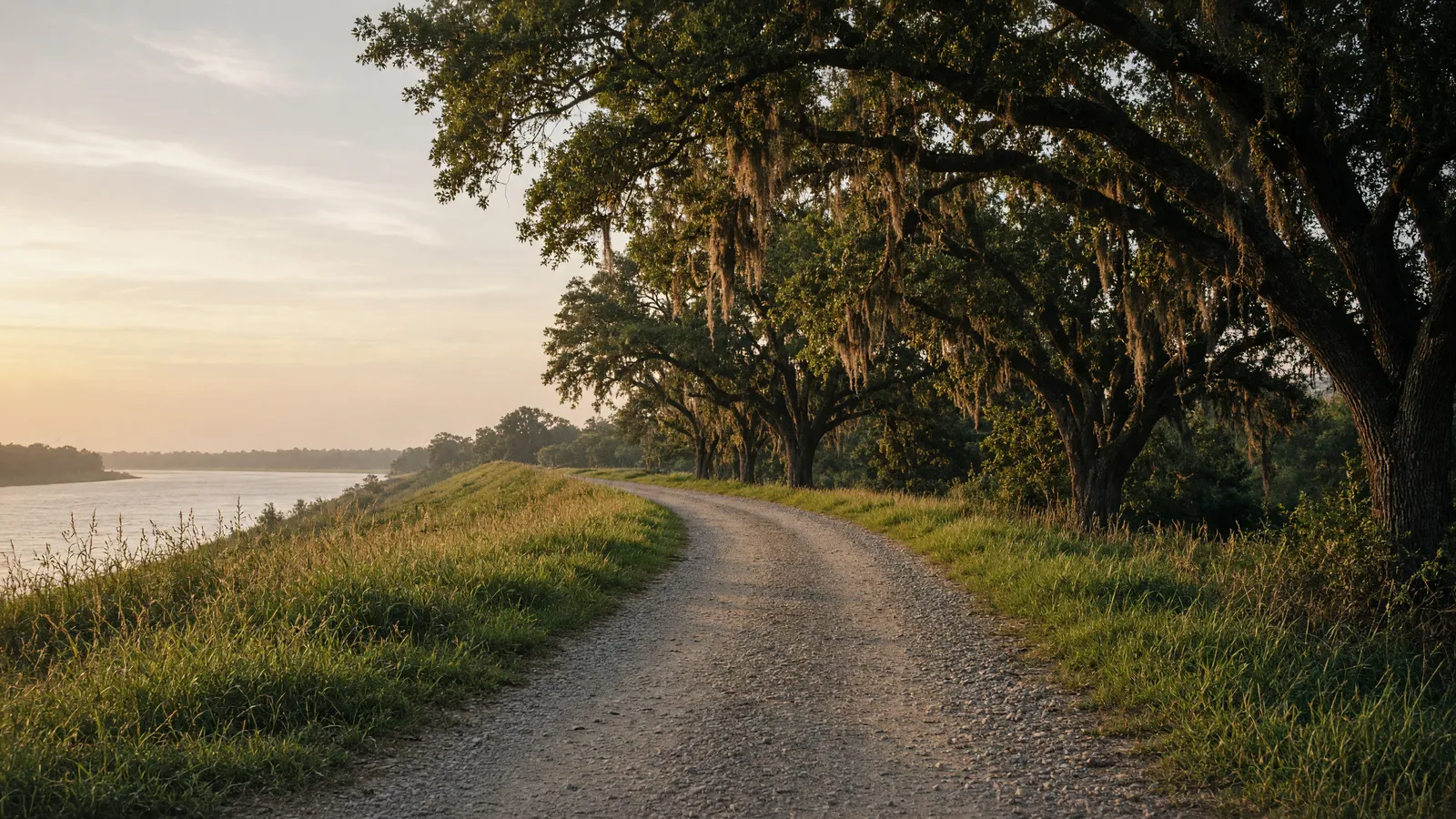 Empty Mississippi River levee packed path through live oaks, Ascension Parish, Louisiana