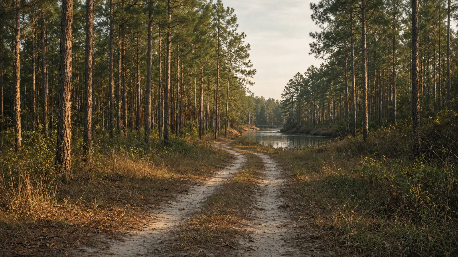 Empty Kisatchie pine-forest packed two-track, Beauregard Parish, Louisiana