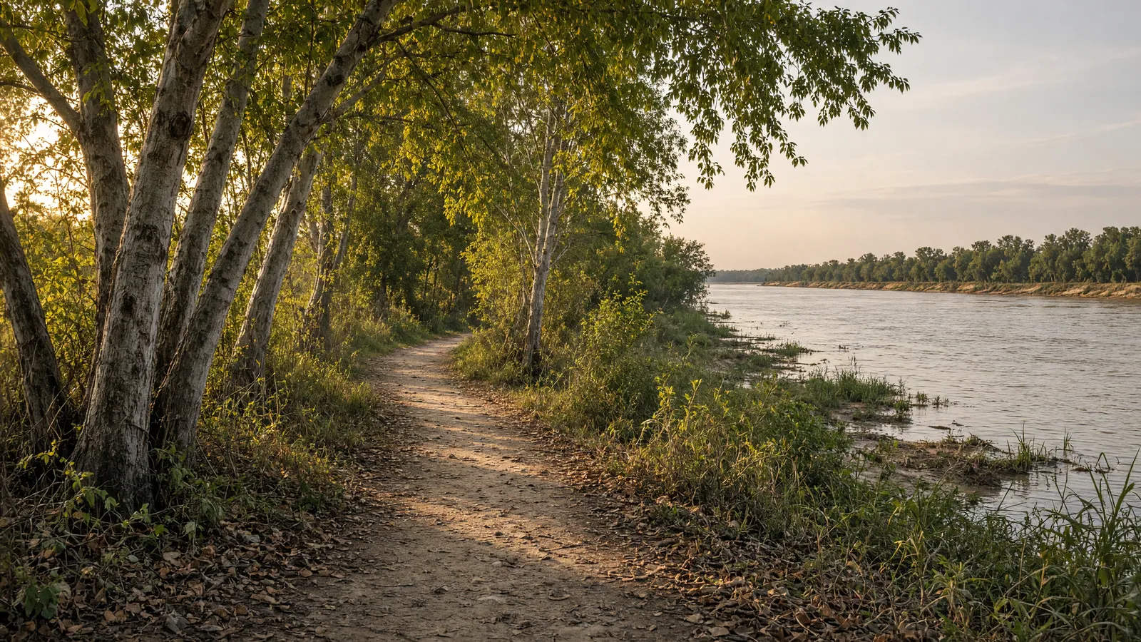 Empty Red River packed path through cottonwoods, Bossier Parish, Louisiana