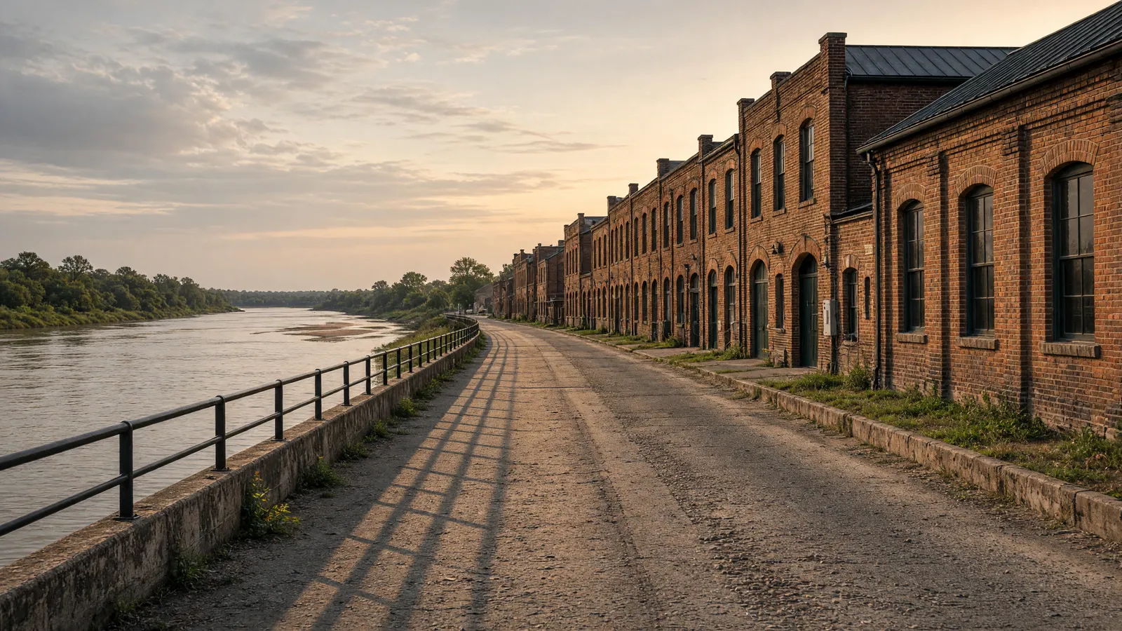 Empty Shreveport riverfront packed path toward historic brick warehouses, Caddo Parish, Louisiana