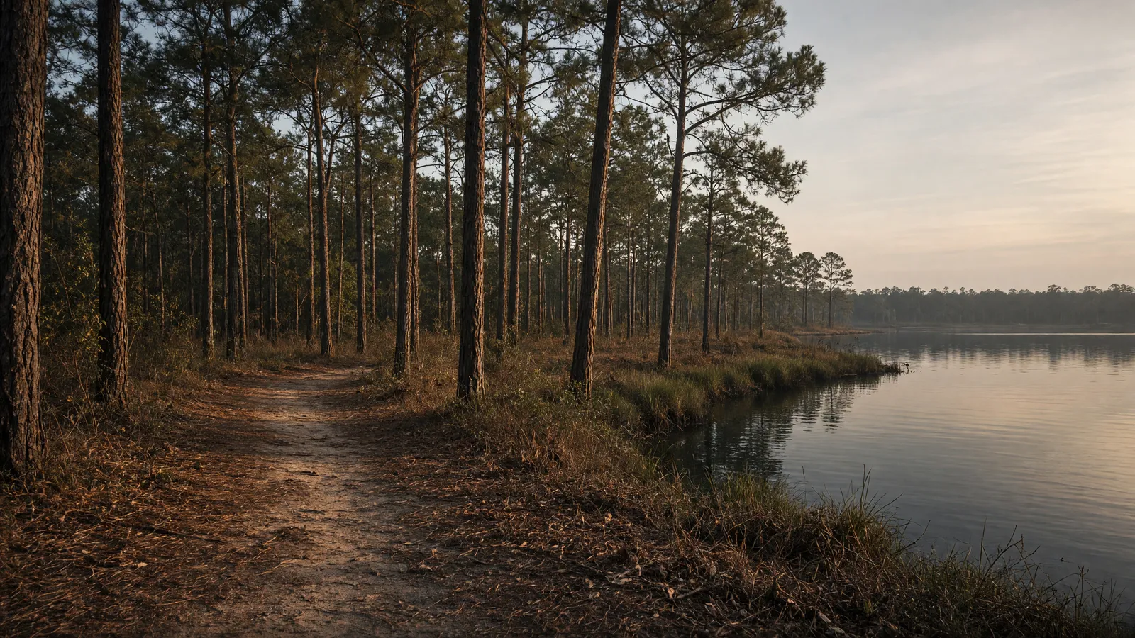 Empty Lake Charles shoreline packed path through pines, Calcasieu Parish, Louisiana
