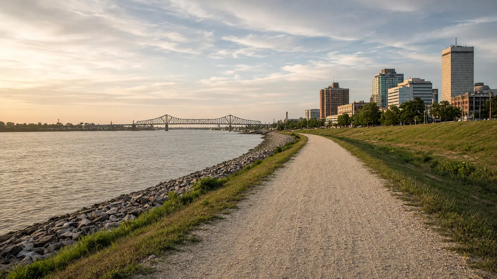 Empty Mississippi River levee path toward the Horace Wilkinson Bridge, East Baton Rouge Parish, Louisiana