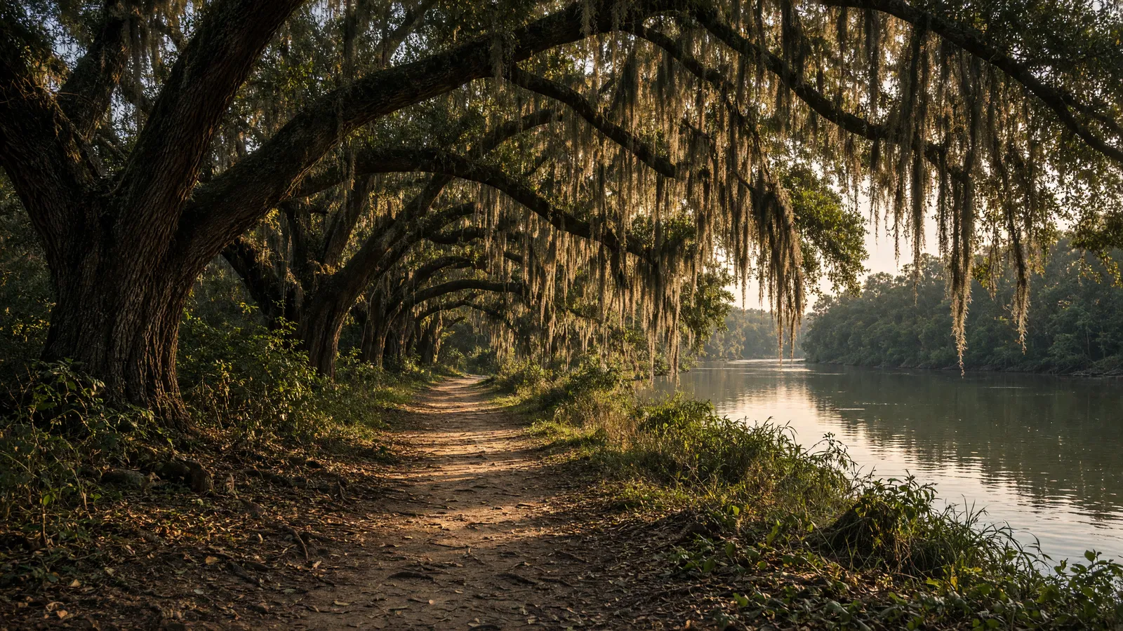 Empty Vermilion River packed path through live oaks with Spanish moss, Lafayette Parish, Louisiana