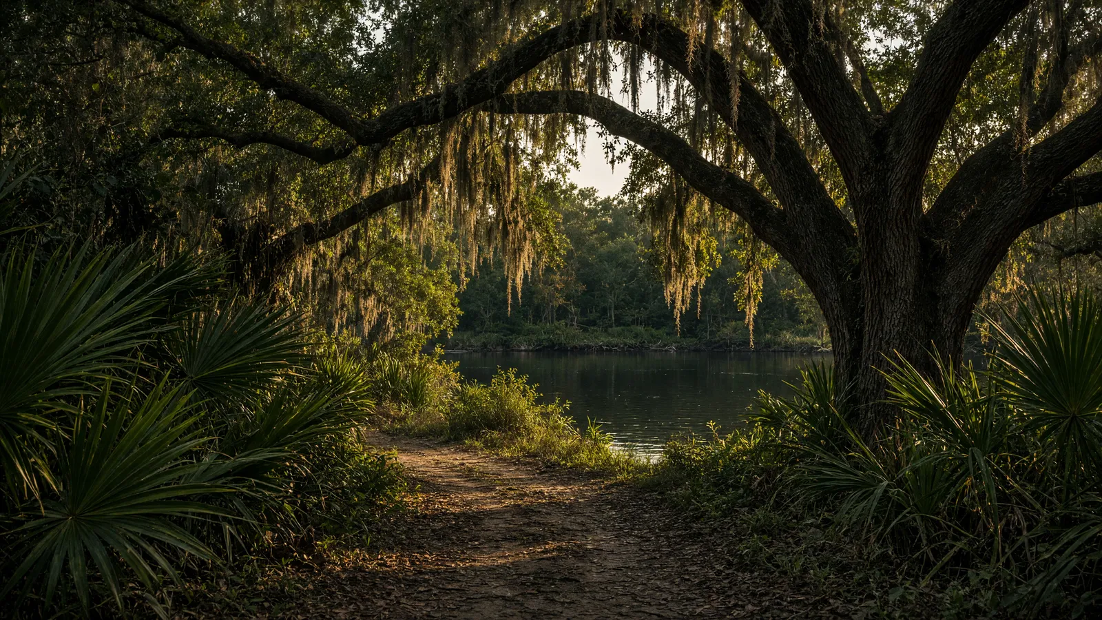 Empty bayou packed path through live oaks and palmettos, Lafourche Parish, Louisiana