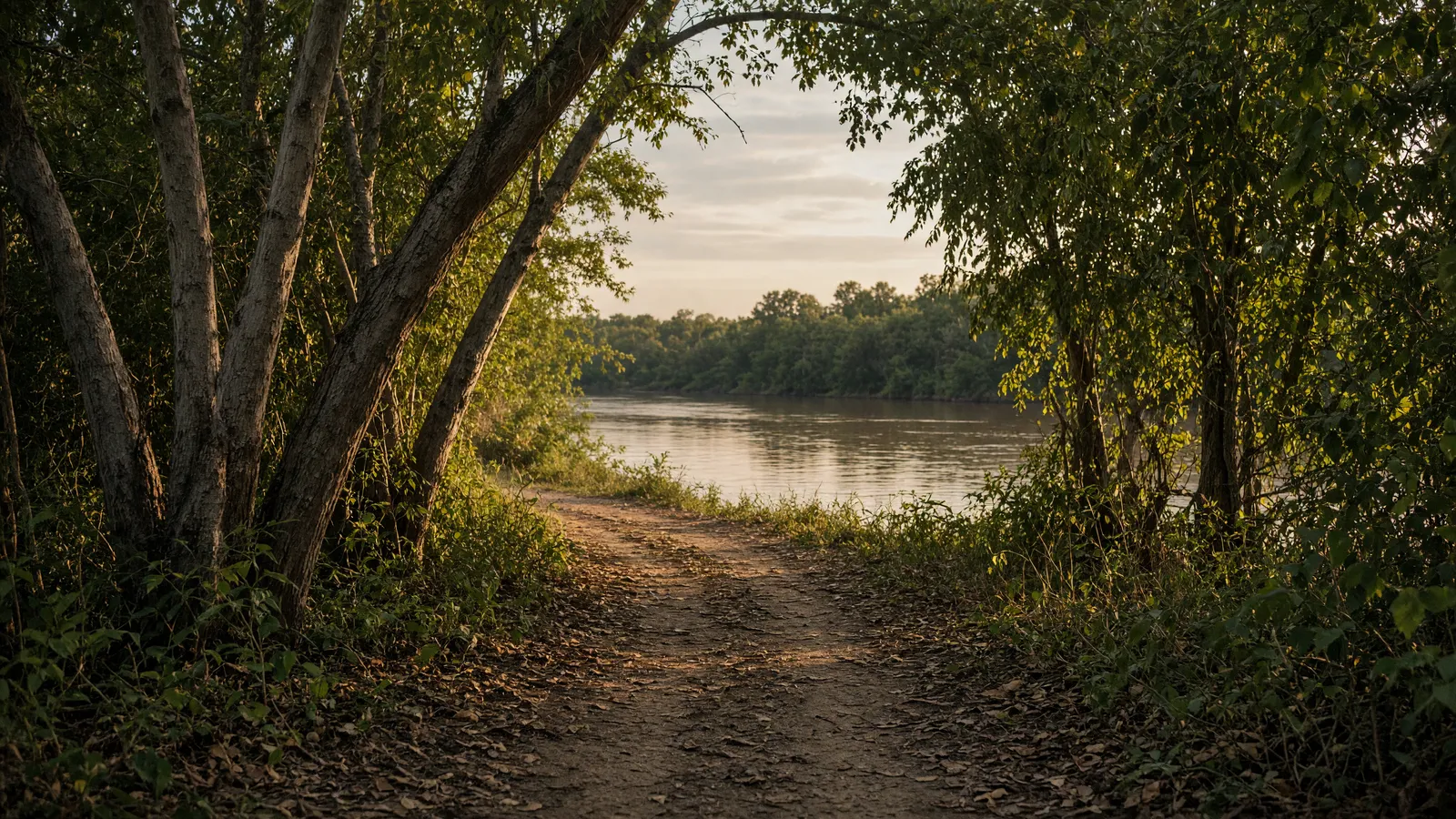 Empty Ouachita River packed path through cottonwoods, Ouachita Parish, Louisiana