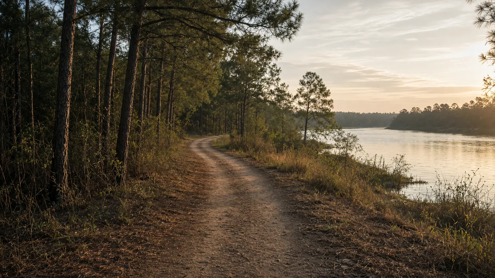 Empty Red River packed path through pines, Rapides Parish, Louisiana