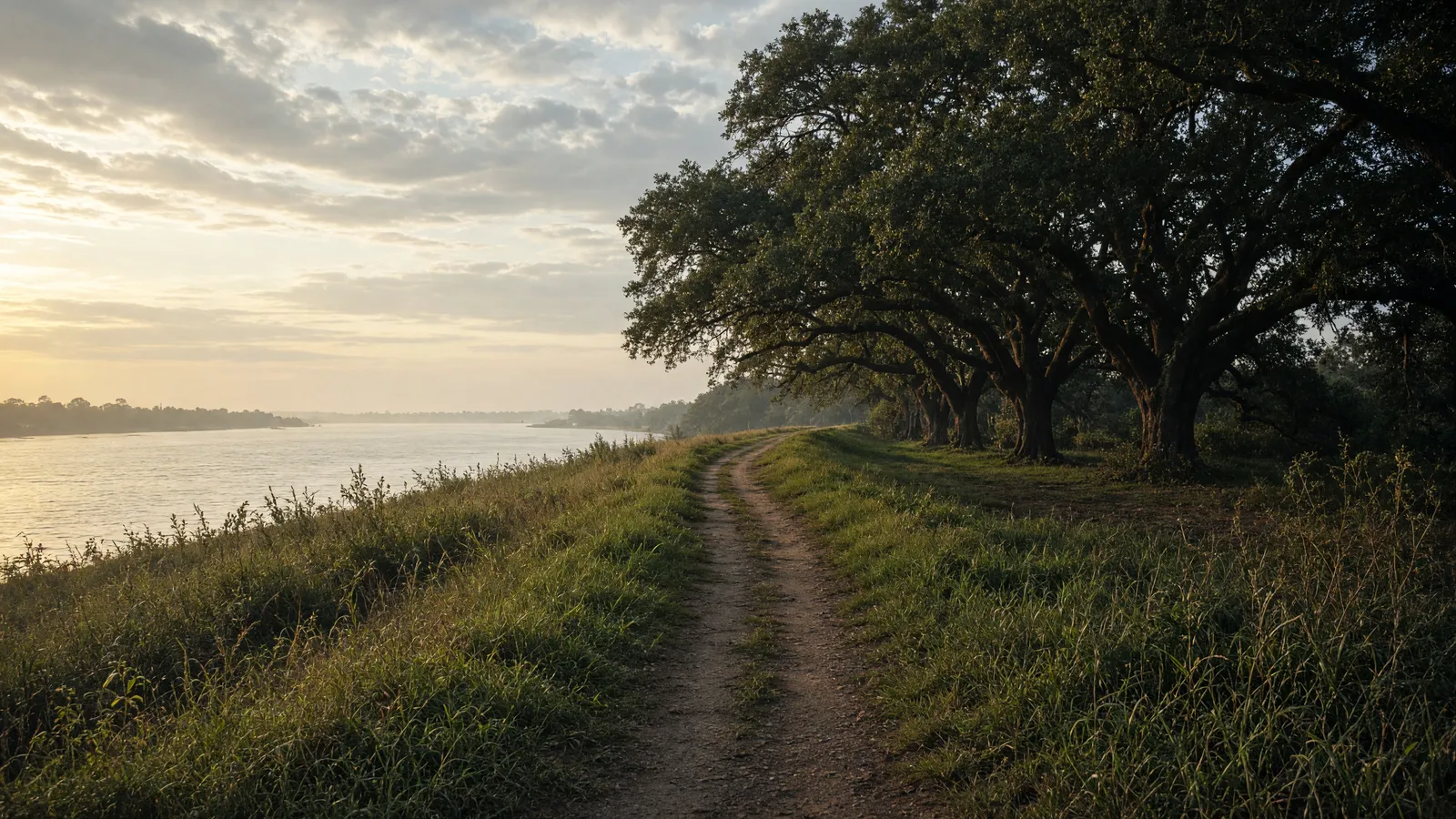 Empty Mississippi River levee packed path through live oaks, St. Bernard Parish, Louisiana