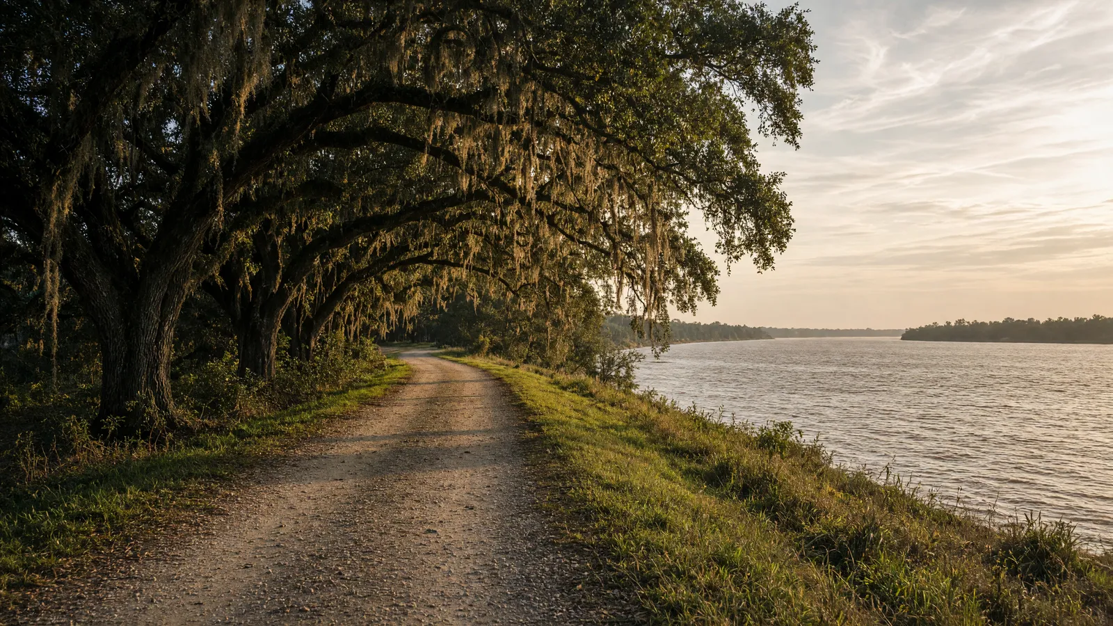 Empty Mississippi River levee packed path through live oaks, St. Charles Parish, Louisiana
