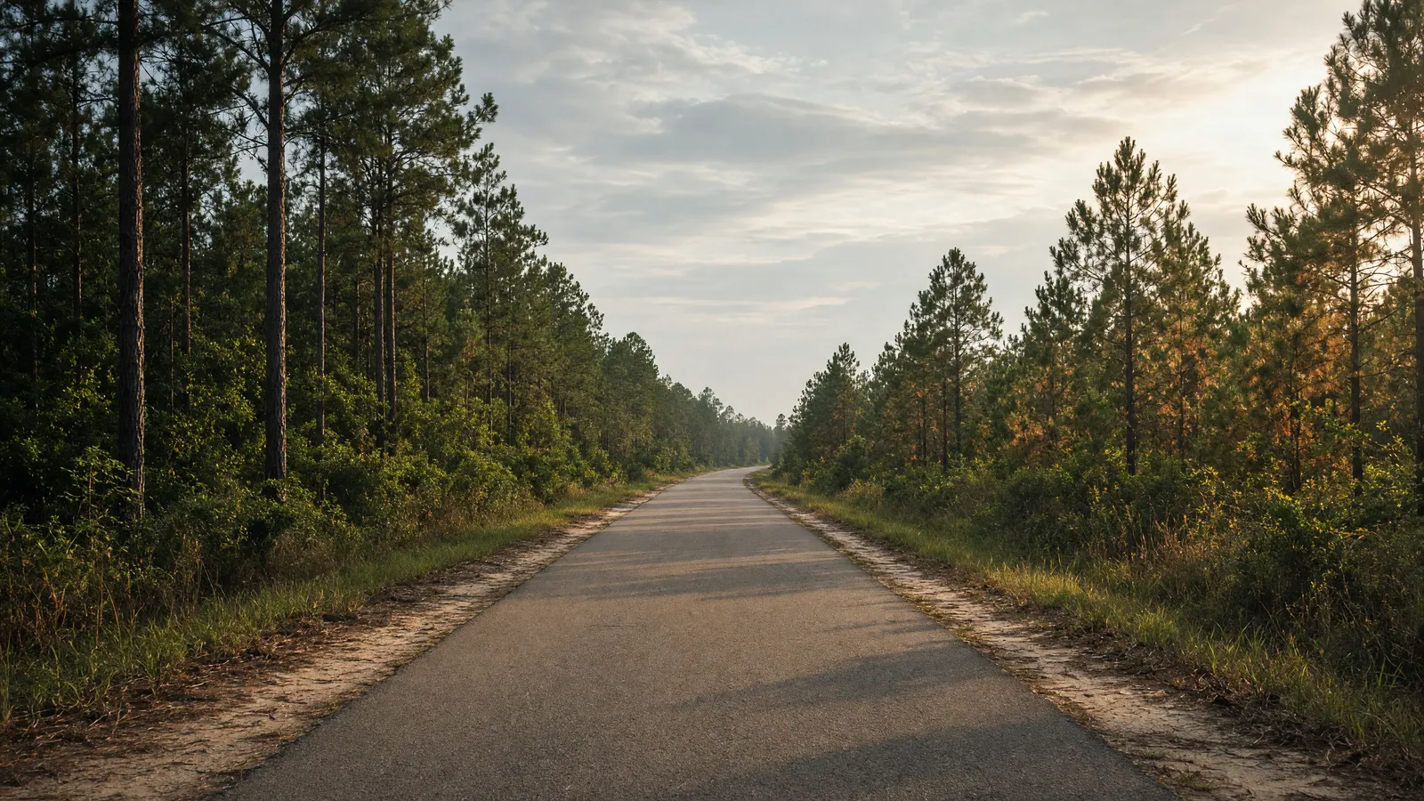 Empty Tammany Trace paved rail-trail through pines, St. Tammany Parish, Louisiana