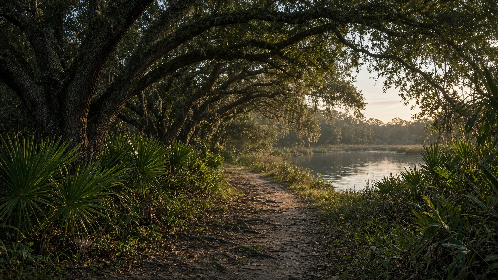 Empty bayou packed path through live oaks and palmettos, Terrebonne Parish, Louisiana