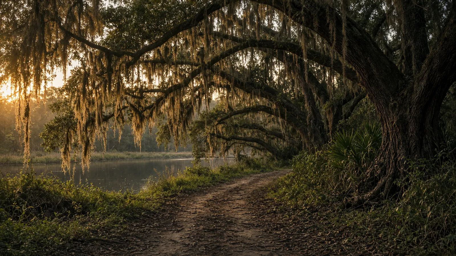 Empty bayou packed path through live oaks and Spanish moss, Vermilion Parish, Louisiana
