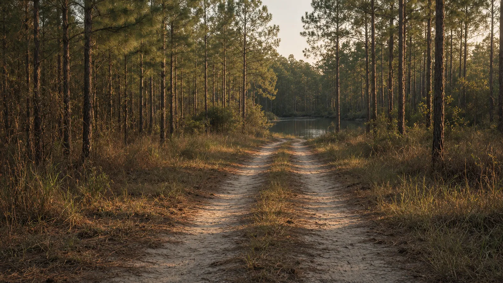 Empty Kisatchie National Forest two-track through longleaf pines, Vernon Parish, Louisiana
