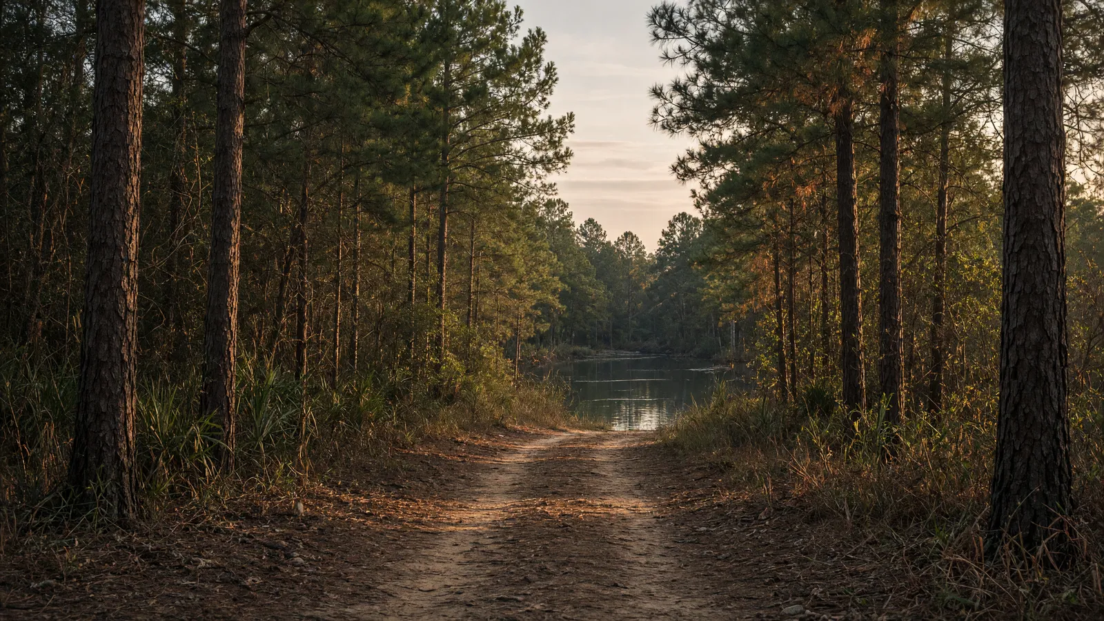Empty Bogue Chitto packed path through pines, Washington Parish, Louisiana