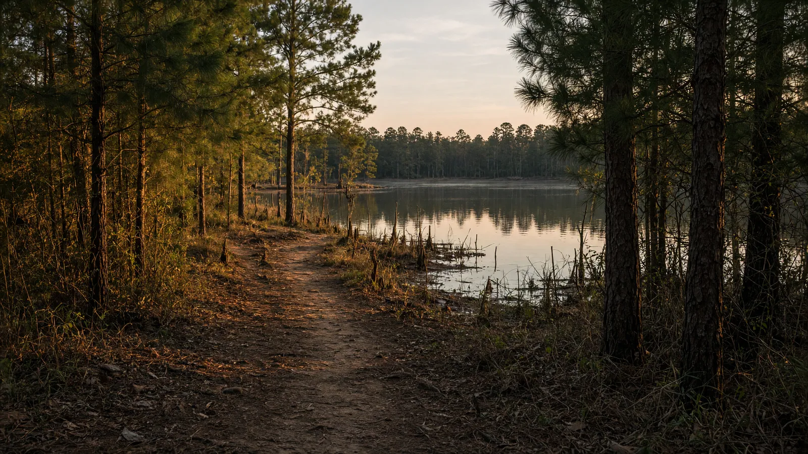 Empty Lake Bistineau shoreline packed path through pines, Webster Parish, Louisiana