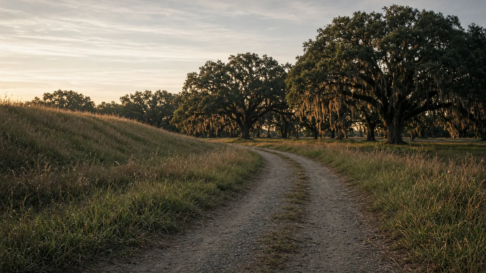 Empty Mississippi River levee packed path through live oaks, West Baton Rouge Parish, Louisiana