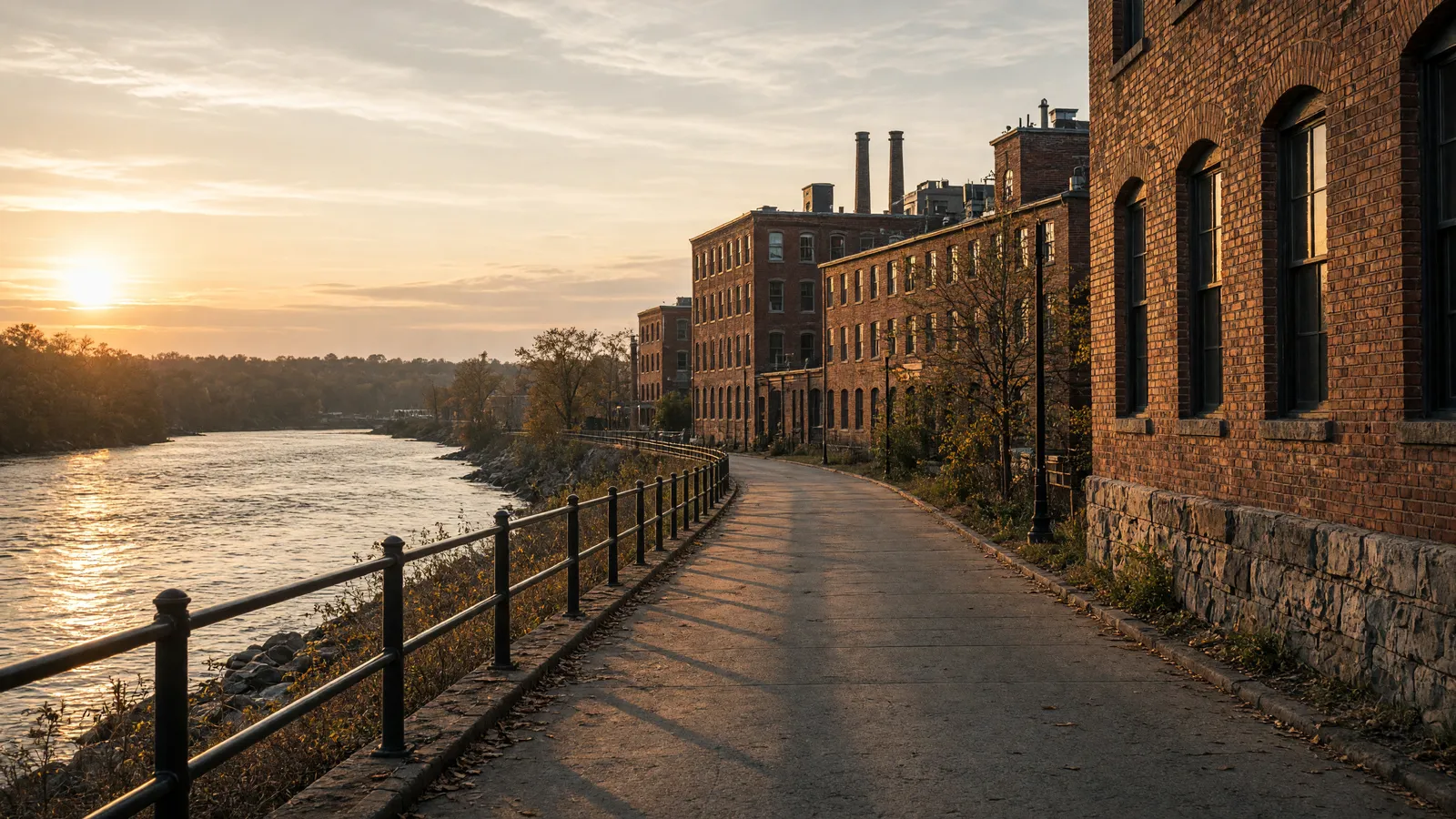 Empty Androscoggin River mill-town path near Lewiston, Maine