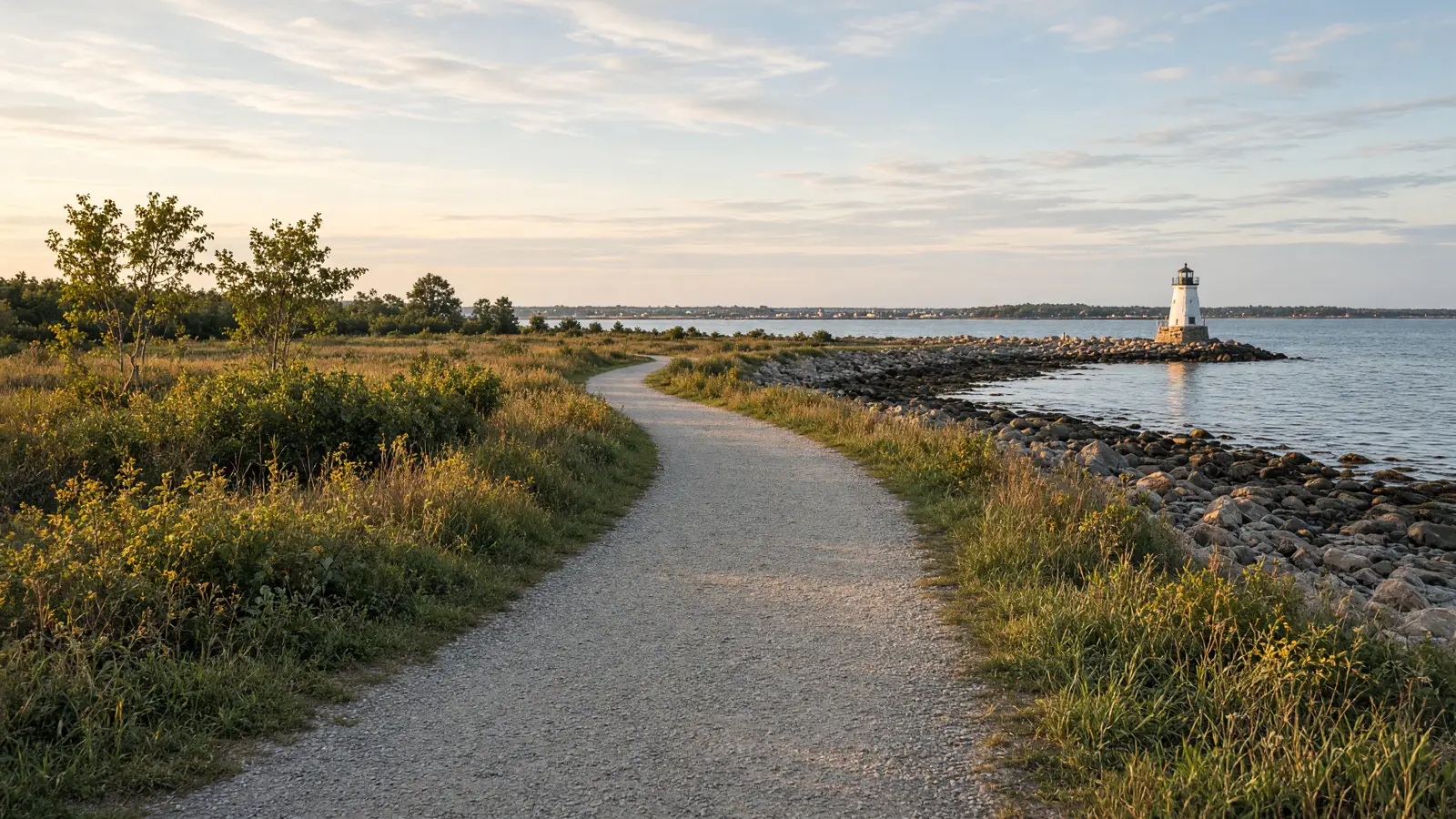 Empty coastal path and lighthouse jetty near Portland, Maine