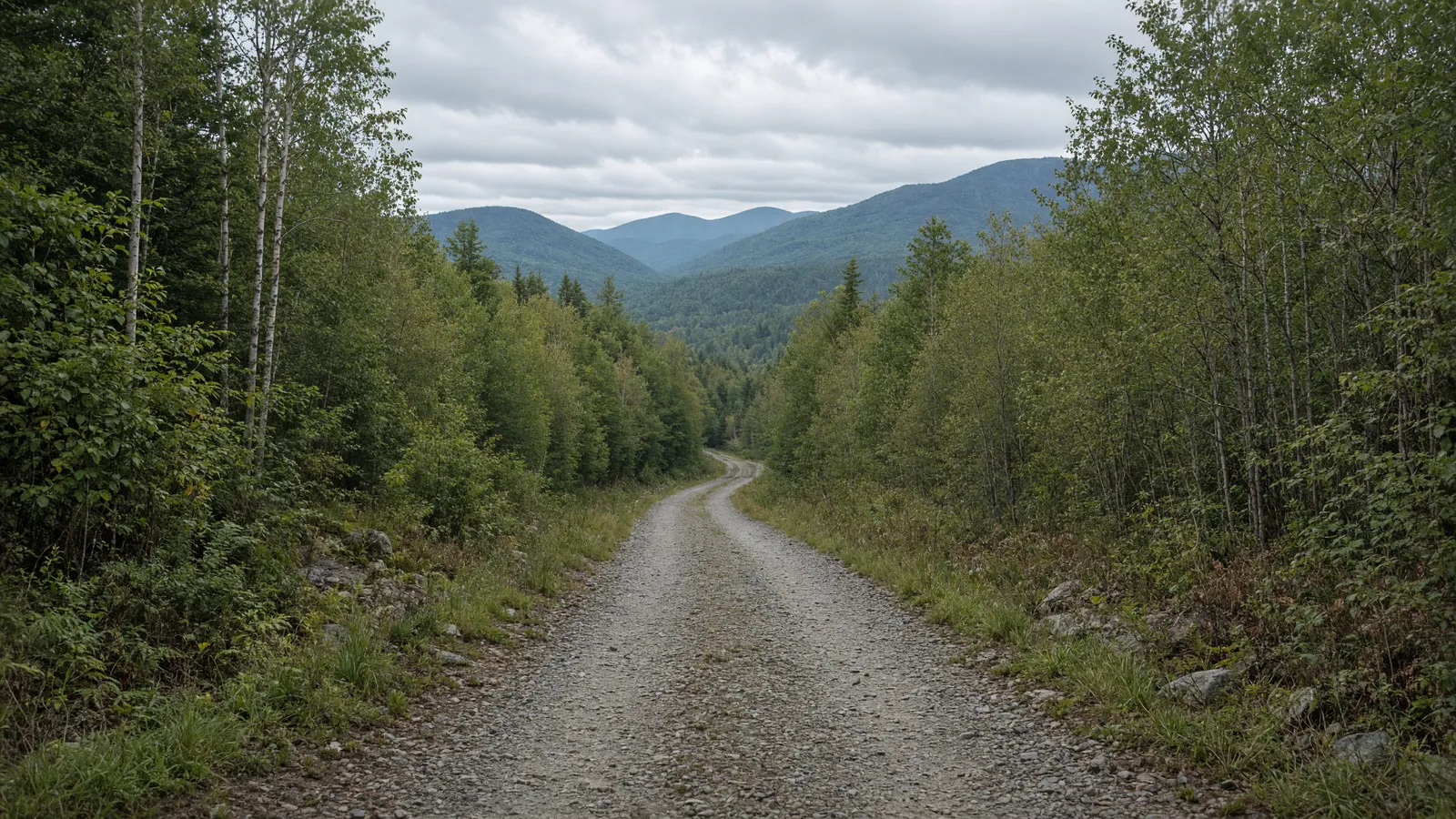 Empty Carrabassett Valley gravel path through hardwoods, Maine