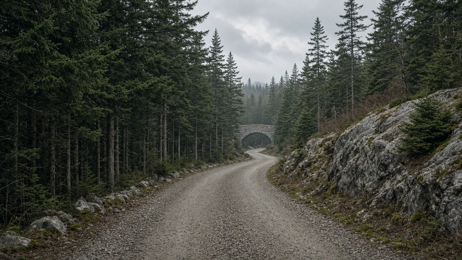 Empty Acadia carriage road through spruce and granite near Bar Harbor, Maine