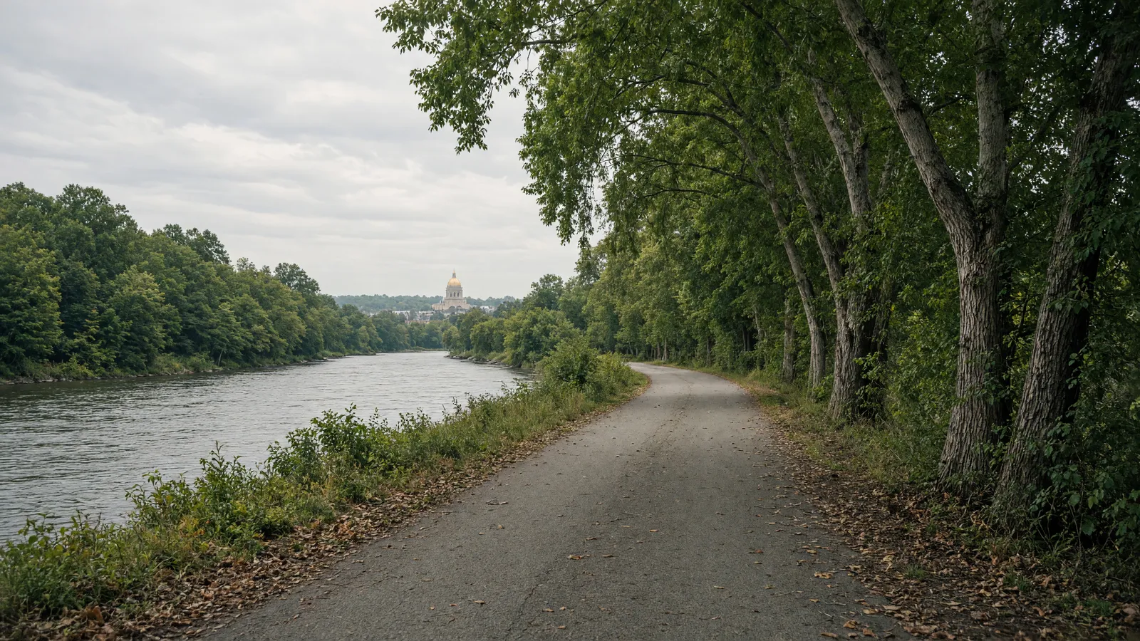 Empty Kennebec River paved rail-trail near Augusta, Maine