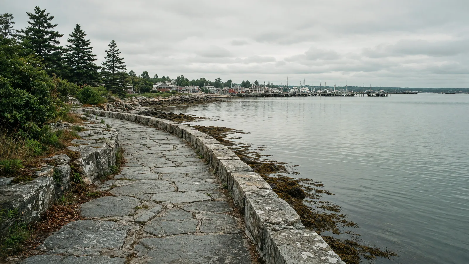 Empty granite harbor waterfront path near Rockland, Maine
