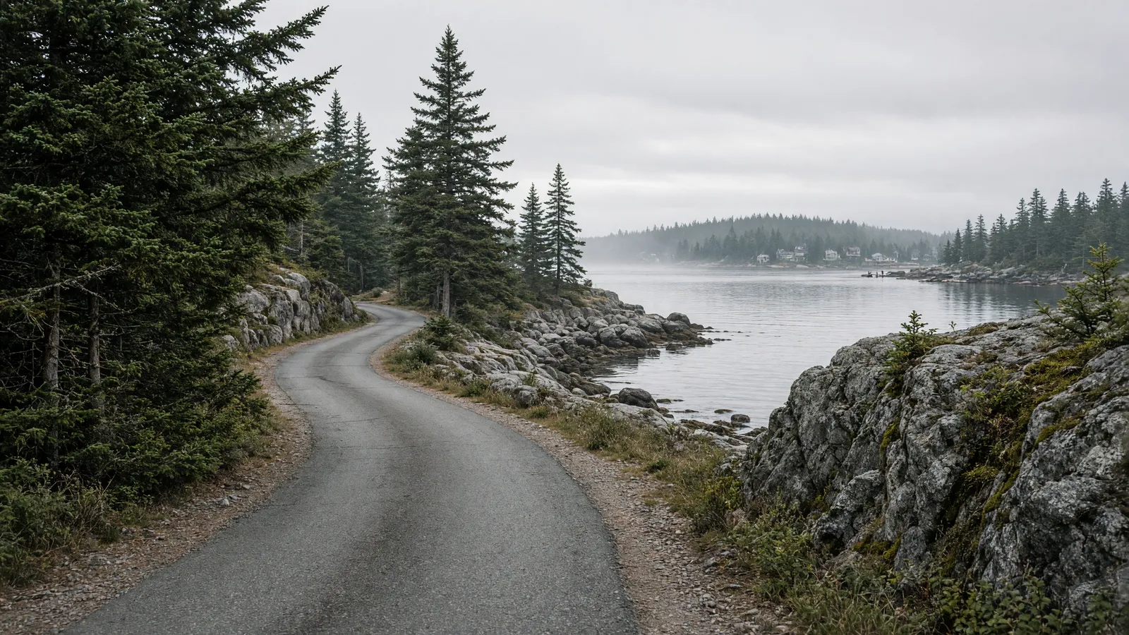 Empty Boothbay Harbor coastal lane through spruce and granite, Maine