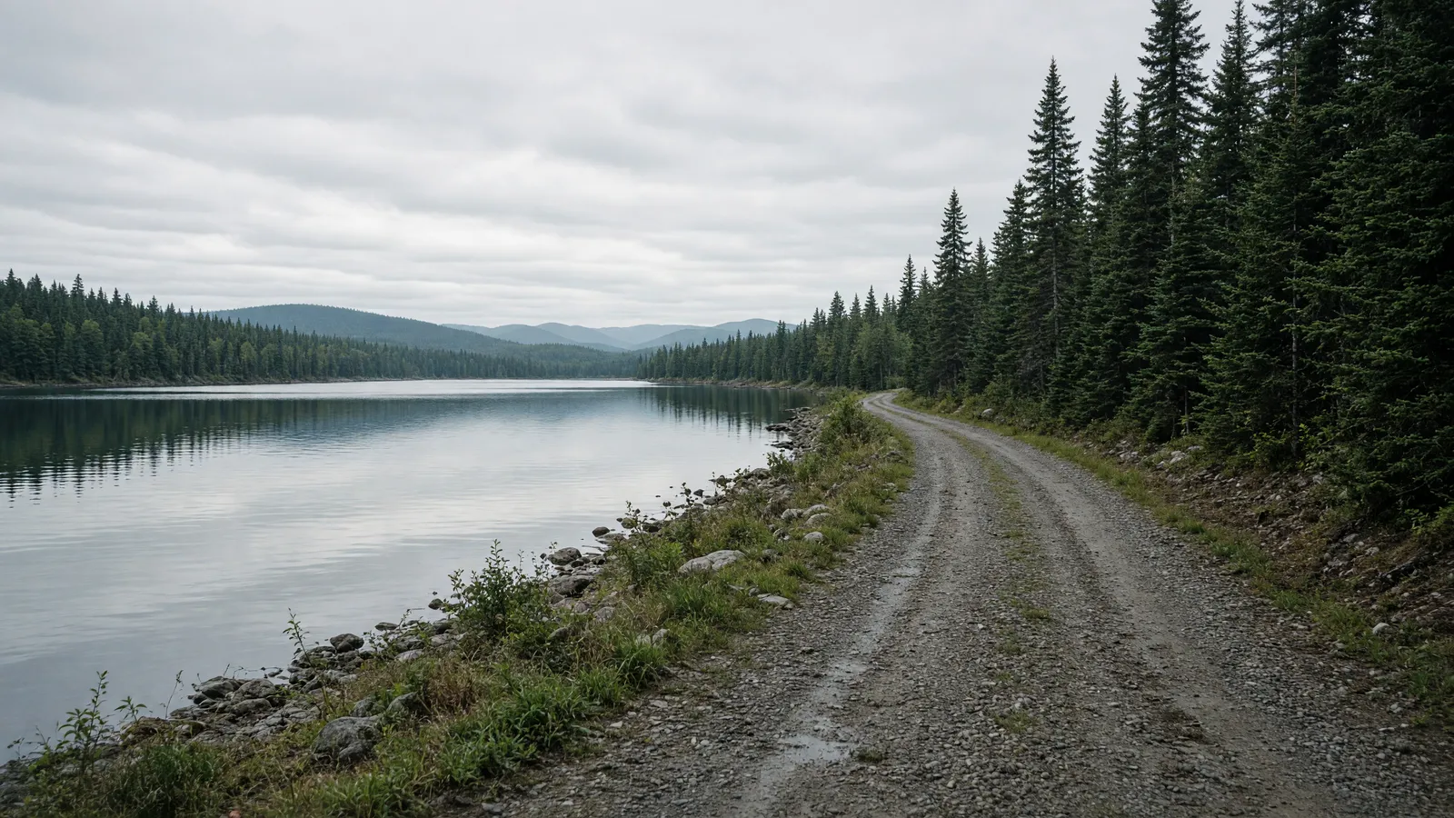 Empty Moosehead Lake shoreline gravel lane near Greenville, Maine