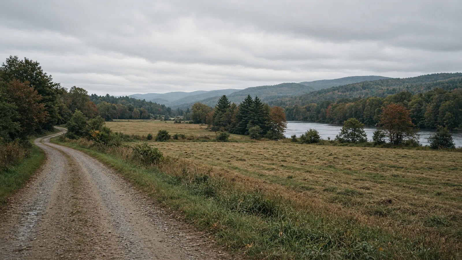 Empty Kennebec valley farm lane near Madison, Maine