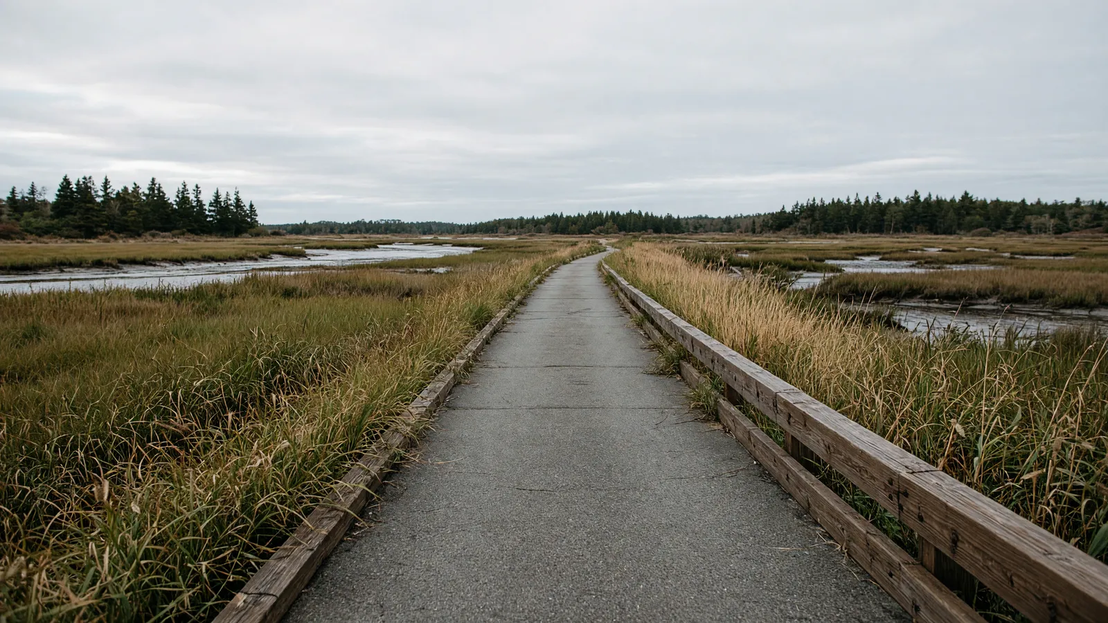 Empty Eastern Trail boardwalk through salt marsh near Kennebunk, Maine