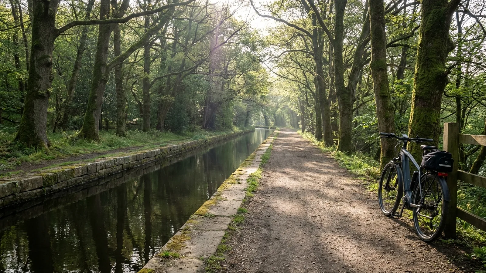 Electric bike parked on a wide packed-earth path beside a straight nineteenth-century mill canal with still dark water between stone-lined banks in riverside woodland
