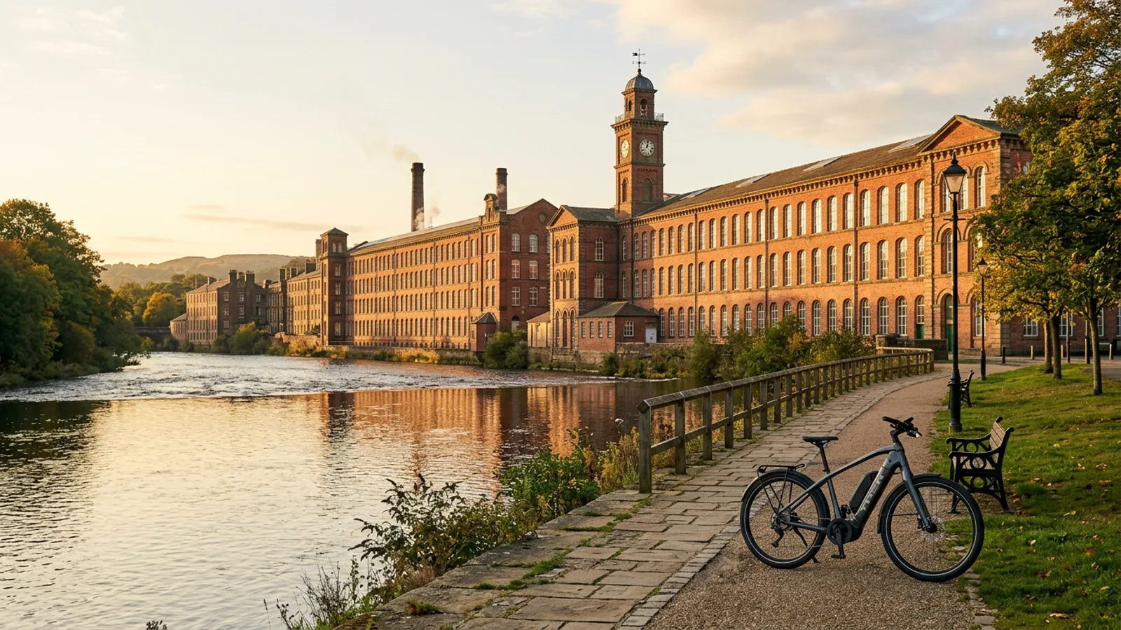 Electric bike on a riverside path in front of a vast nineteenth-century red brick textile mill complex in Manchester New Hampshire