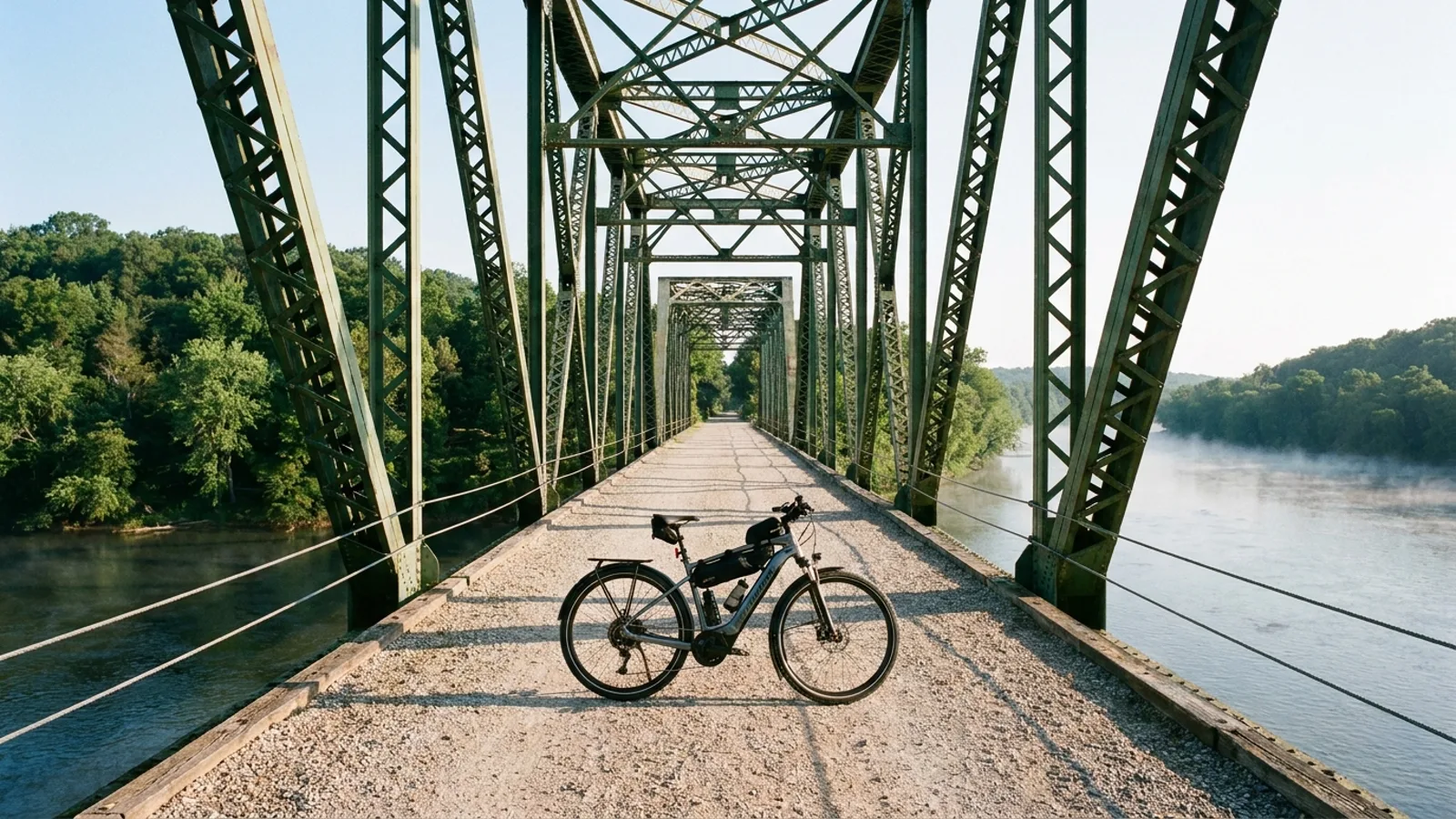 Electric bike standing on the deck of a converted railroad truss bridge with green steel lattice sides carrying a wide gravel trail across a big river