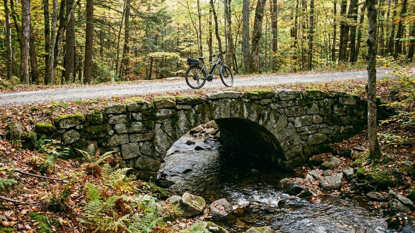 Electric bike at the approach to an old dry-laid stone arch bridge carrying a narrow country road over a small rocky stream in New England woodland