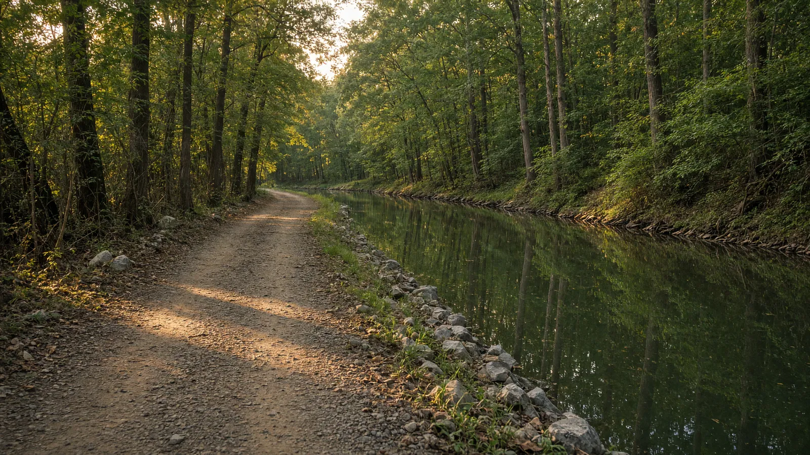 Empty C&O Canal towpath packed dirt beside still canal water, Allegany County, Maryland