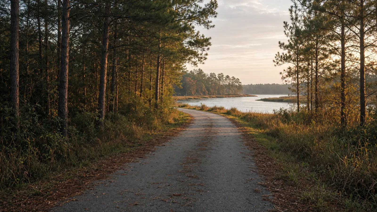 Empty B&A Trail paved path through pines toward a tidal creek, Anne Arundel County, Maryland