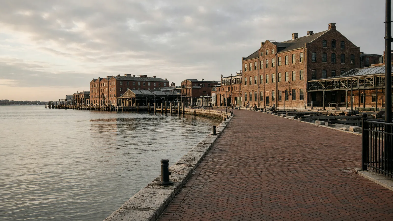 Empty Inner Harbor brick promenade toward historic warehouses, Baltimore City, Maryland