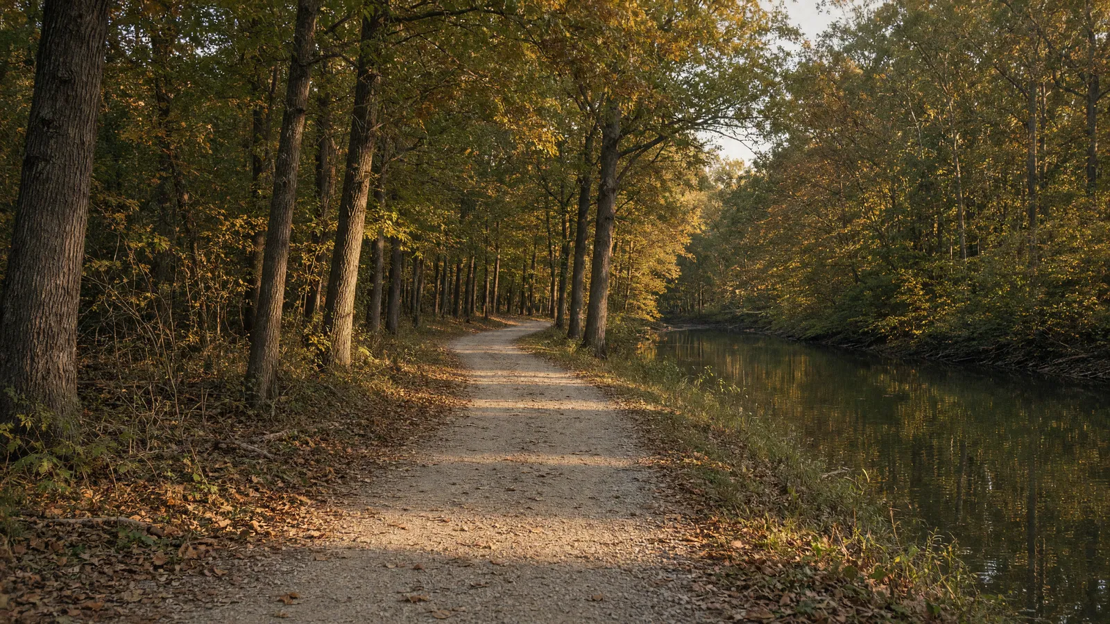 Empty Torrey C. Brown Rail Trail crushed-stone path through oak woods, Baltimore County, Maryland